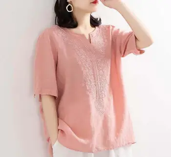 

Pure color V-neck linen shirt Ladies Summer New Loose Short Sleeve Top KW10A11-01-02