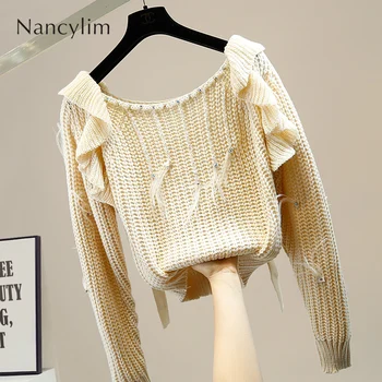 

Feather Tassel Sweater Women Fashon Beads Rhinestone Lace-up Square Collar Off-Shoulder Sweet Lotus Leaf Short Knit Top