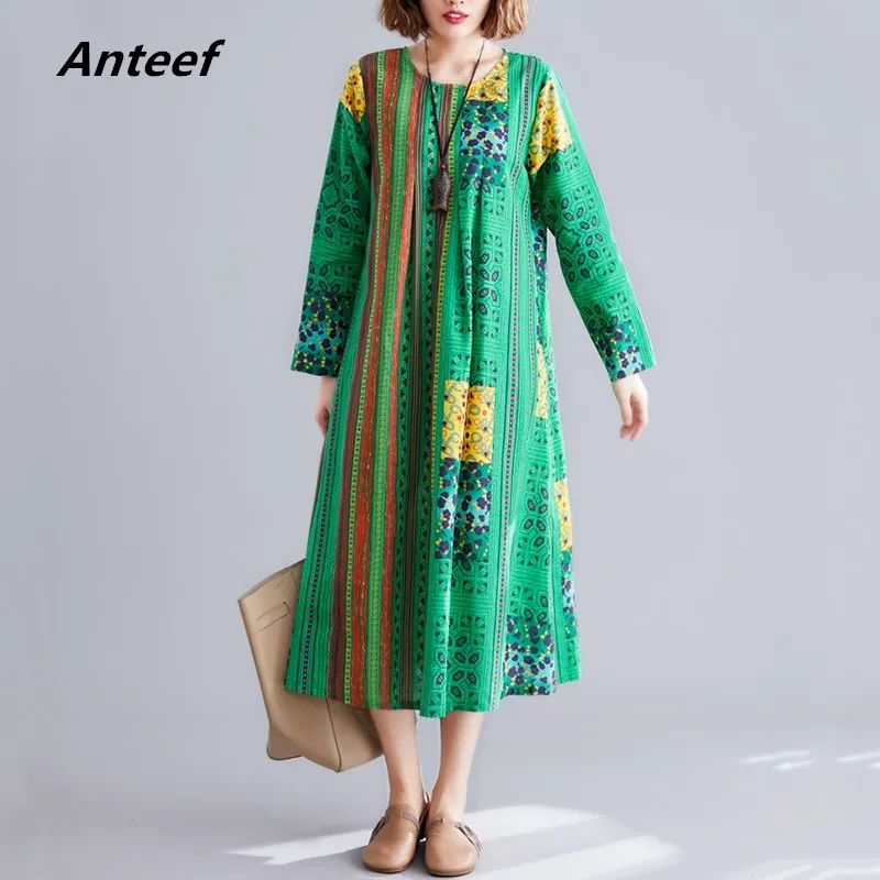 

long sleeve cotton linen vintage floral plus size women casual loose spring autumn dress elegant clothes 2019 ladies dresses