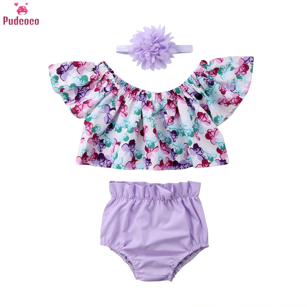 

0-24M Infant Newborn Baby Girls Clothes Set Kids Girl Off Shoulder Floral Tops Shorts Headband Outfits 2 Pieces Sets