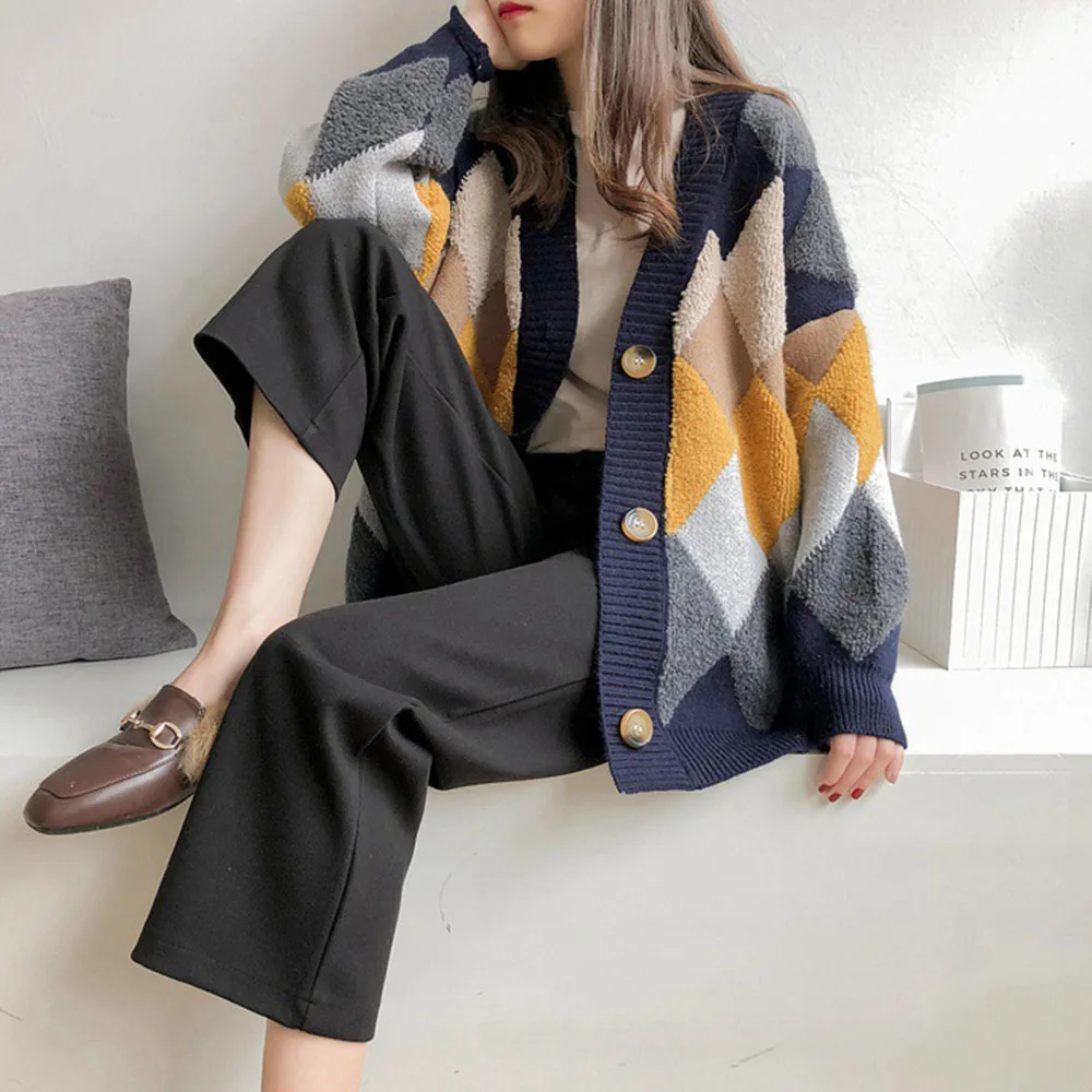 Loose Cardigan Sweater Coat Jacket Colorful Diamond Lattice Knit Korean Style Knitted Cardigan Single Breast Sweaters Women Tops