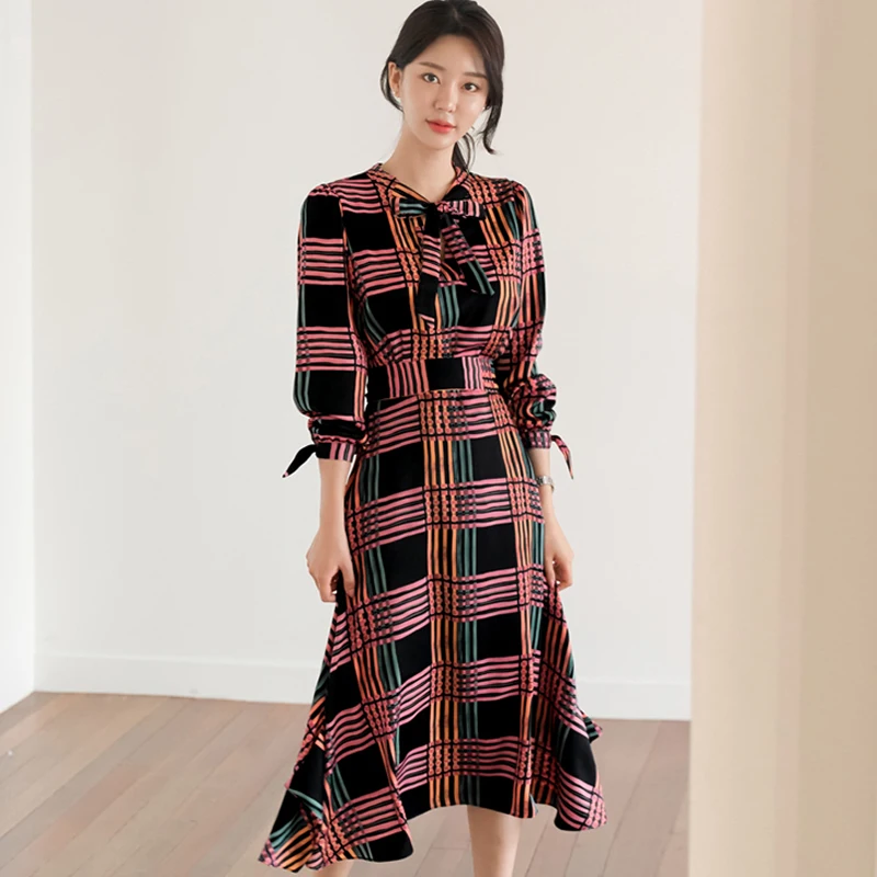 Korea Bowknot Tie Slim Knee-length Plaid Swing Dress Female Cloth Casual High Waist Dress