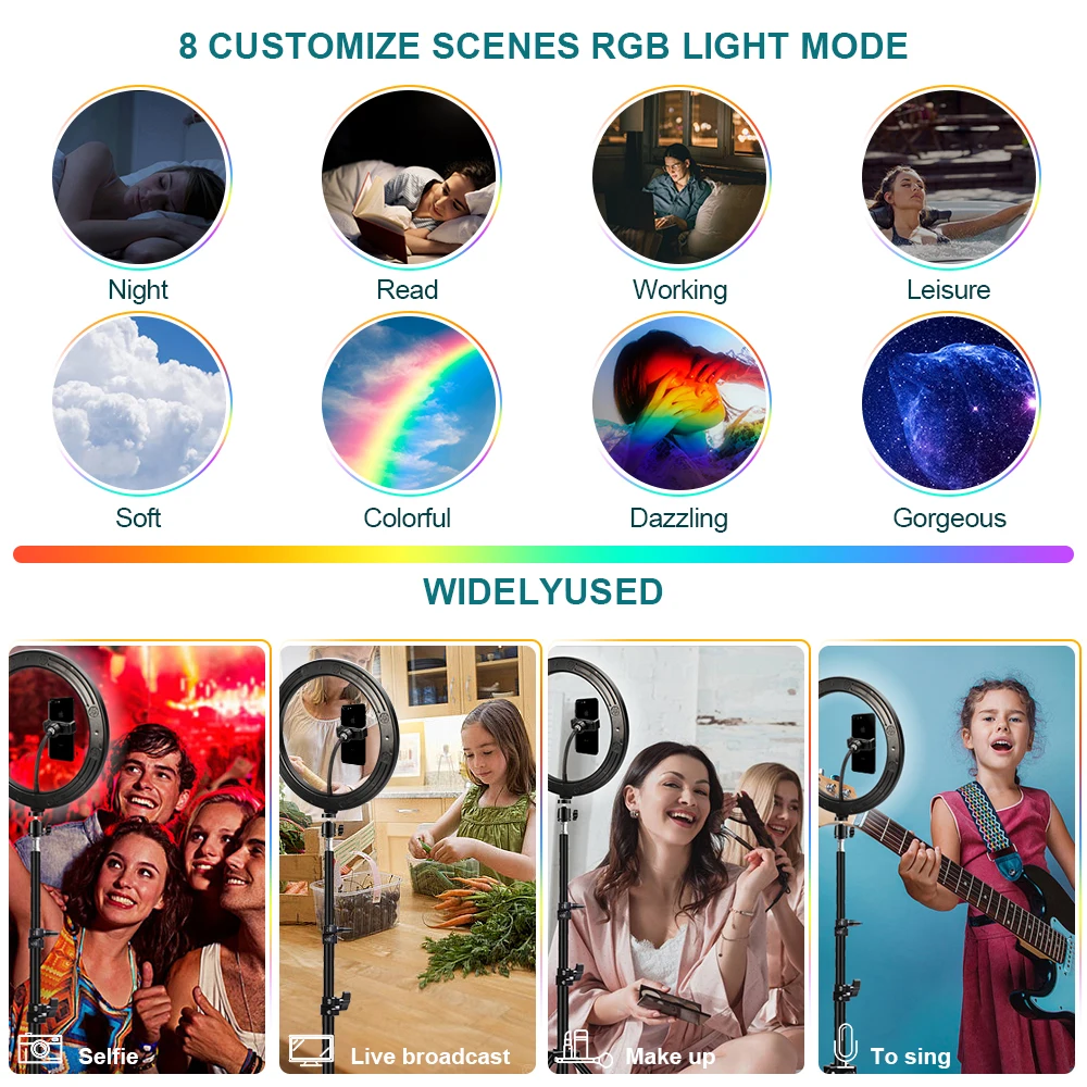 10inch/26cm Ring Lamp RGB Colorful LED Ring Light with Tripod Stand Rainbow with Phone Clip For Vlogging Short Video YouTube 2