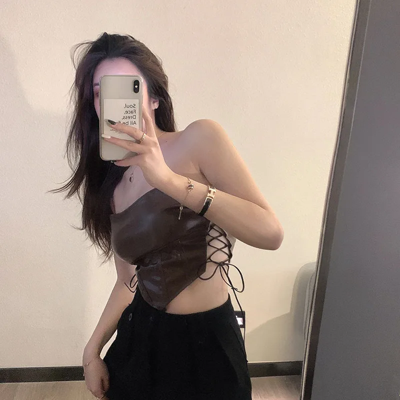 Black Khaki Sexy Girl Strapless Camis Summer Short-length Lady Punk Gothic Backless Camisole Lace-up Hollow Out Rock Basic Top