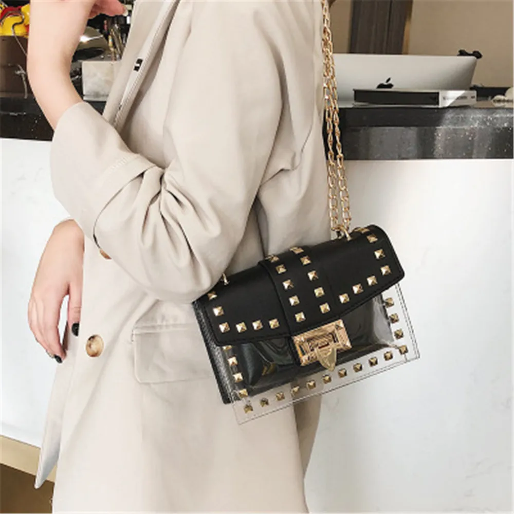Черный Small Clear Cosmetic Bags Female PU Make Up Bags Women Fashion Rivets Transparent Cosmetic Shoulder Bag Travel Organizer - Цвет: Черный