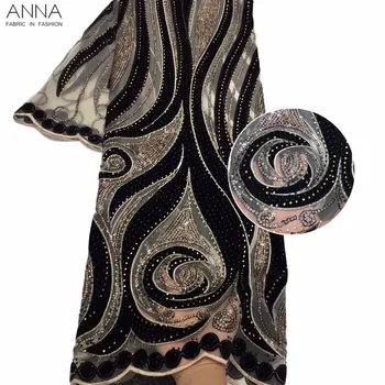 

Anna black african velvet lace fabric 2019 high quality net laces embroidery with stones french sequins fabrics for dress sewing