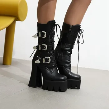 

US4-11 Womens Pointy Toe Platform Ankle Boots Motorcycle Belt Buckle Block Super High 15CM Heel Shoes Warm Winter Plus SZ PunkX1