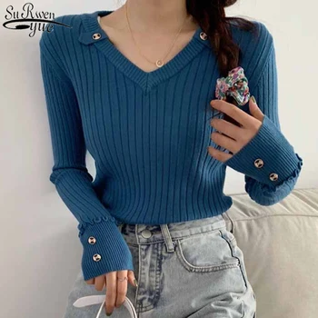

2020 Fashion Autumn New Solid Stripe Sweet Pullover All-match V-neck Woman Sweater Long Sleeve Slim Bottoming Sweater 10987