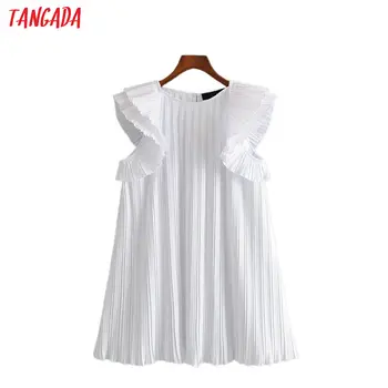 

Tangada fashion women solid summer white pleated dress ruffles short sleeve loose ladies casual dress vestidos 3H491