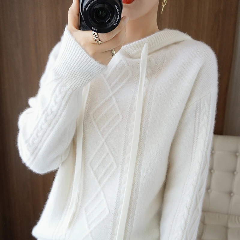 Hot sale new style  cashmere wool ladies hooded sweater loose high-end long-sleeved knitted solid color wool pullover winter
