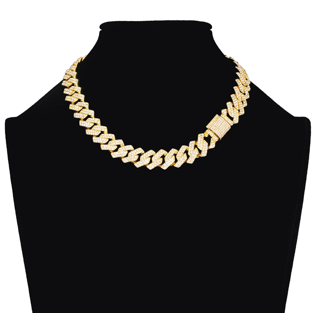 15MM Hip Hop Prong Cuban Chain 2 Row AAA+ Iced Out Bling Rhinestone Zircon Paved Necklaces Bracelets For Men Women Jewelry | Украшения и