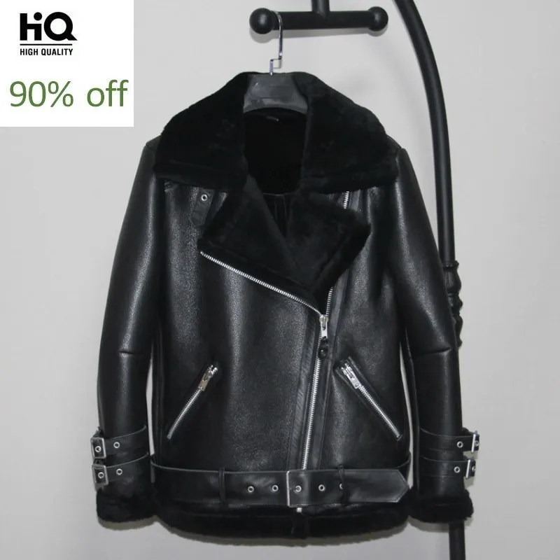 

Luxury Loose Fit Belt Biker Jacket Female Winter Thick Warm Shearling Genuine Leather Short Coat Brand Zipper Real Fur Outerwear