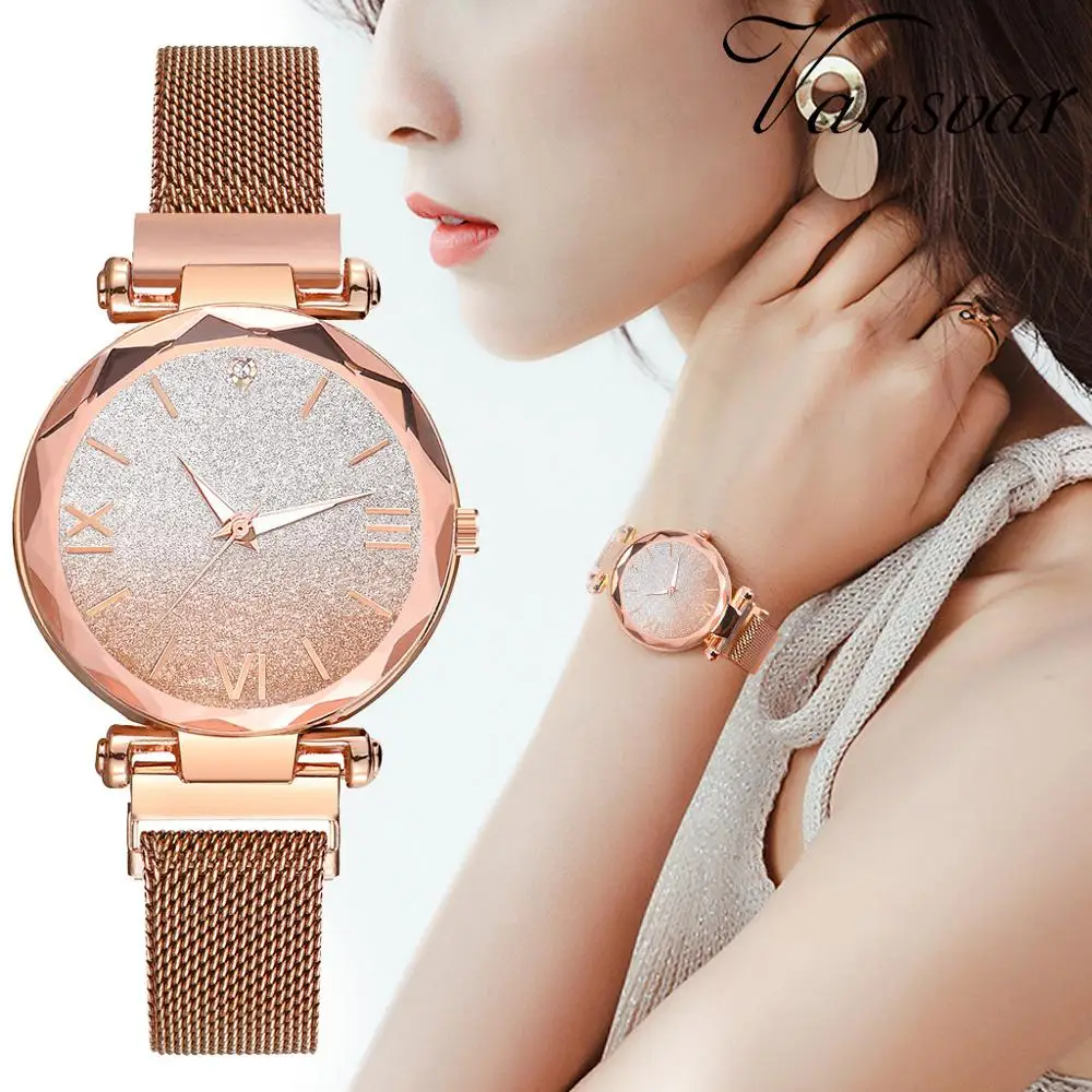 

Starry sky color gradient Magnetic Buckle Gradient Starry Roman Watch Stainless steel mesh strap Quartz Casual Women's Watch