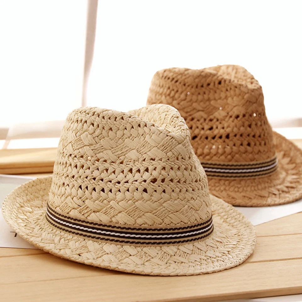 

Summer Straw Hat Kids Beach Sun Hat Trilby Panama Hat Handwork For Boy Girl Children Vintage Beach Parent-child Cap Men's Hat