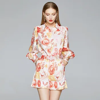 

Summer Holiday Floral Printed Twinest 2 Piece Set Lantern Sleeve Blouse Shirt and Pocket Shorts Mini Pant With Belt Vocation Set