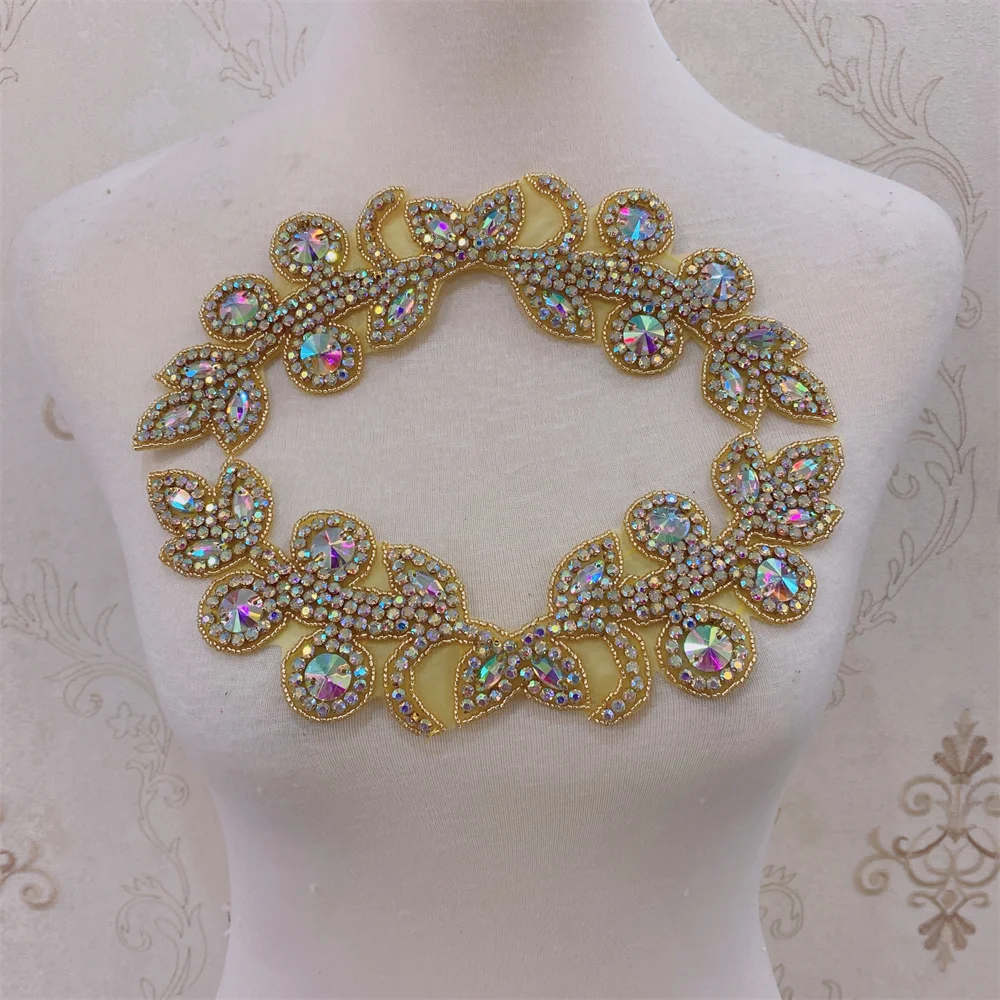 2pcs Handmade Crystal  Rhinestone Applique Iron on  Shoulder Trim for  wedding dress DIY