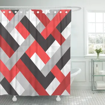 

Shower Curtain Red White Abstract Black Triangle Flat Waterproof Polyester Fabric Set with Hooks