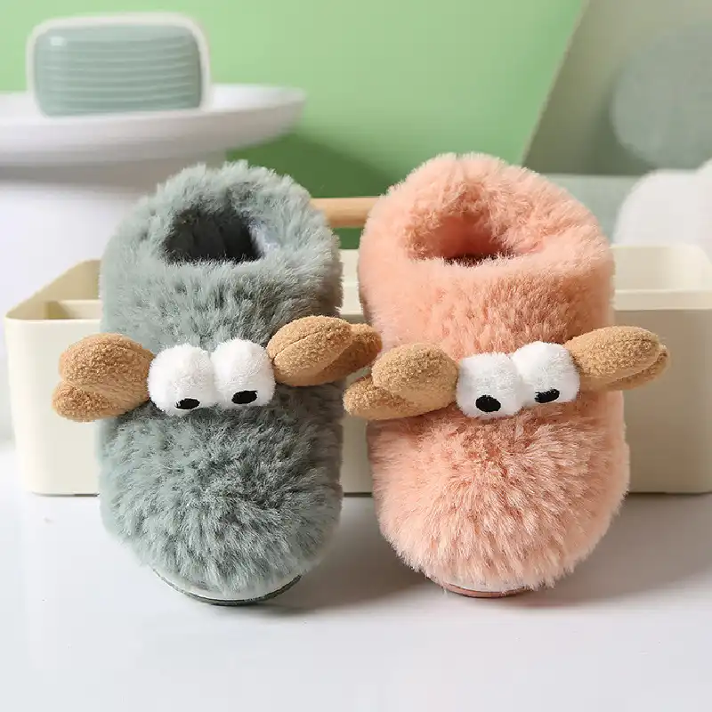 Kids Novelty Slippers for Boys and Girls Furry Winter Animal Moose Deer Plush Slippers for Toddler and Little Kid