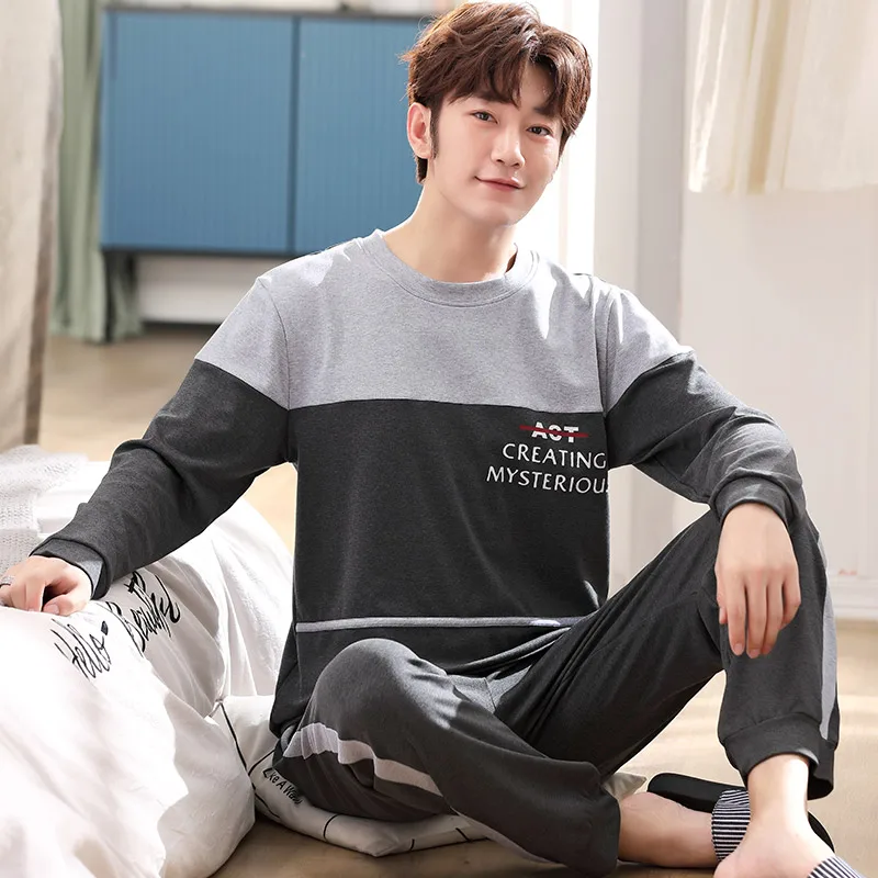 

Autumn Winter 100%Cotton Men's Pajamas Set Letter Pyjamas Men Sleepwear Long Sleeve Loose Casual Plus Size M-5XL Male Nightwear
