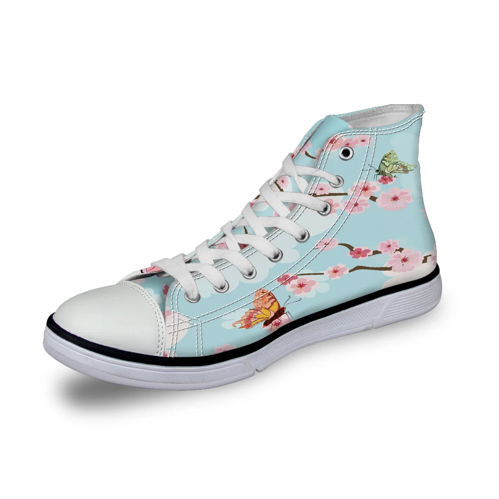 

WHEREISART Women Canvas Shoes Cartoon Flower Cherry Blossom High Top Flats Unisex Vulcanized Shoes Female Casual Shoes Sneakers