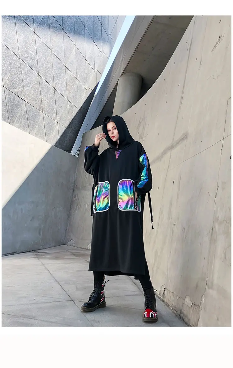 XITAO Tide Patchwork Bright Silk Pocket Dress Women Clothes Zipper Hooded Collar Full Sleeve Autumn and Winter New GCC2607