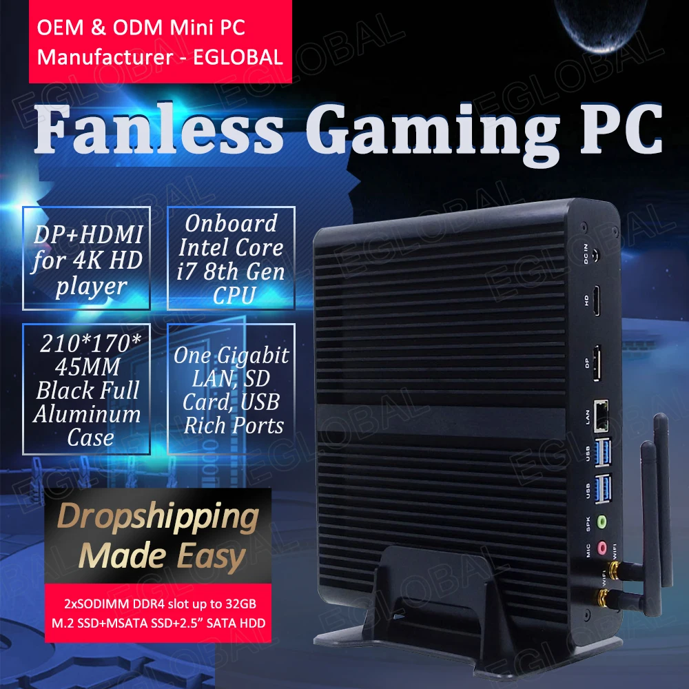 Процессор EGlobal fanless Мини компьютер с процессором Intel Core i7 8550U 4 ядра натуральная Windows10 pro Linux Ubuntu(убунту-операционная система minipc без вентилятора WI-FI HDMI неттоп