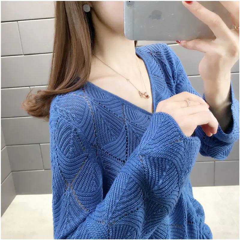 V-neck Hollow Sweater Women 2020 Spring New Lotus Leaf Sleeve Drawstring Blusa Female Loose Pullover Short Knitwear Tops | Женская
