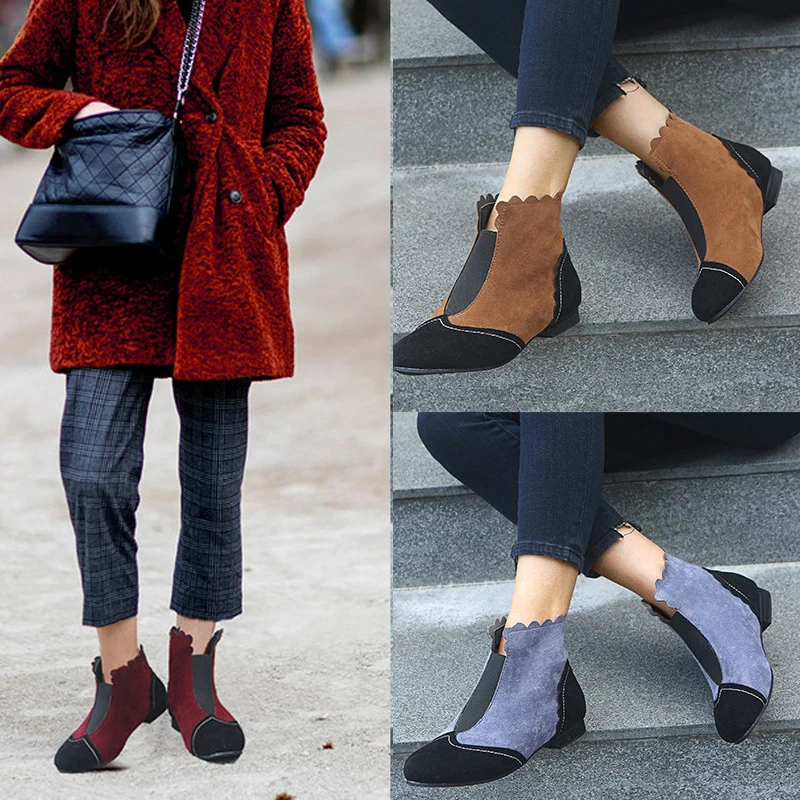 Spring Autumn Suede Flat Ankle Boots For Women Color Matching Large Size Shoes Fashion Low Tube Slip-on Warm Botas Mujer | Обувь
