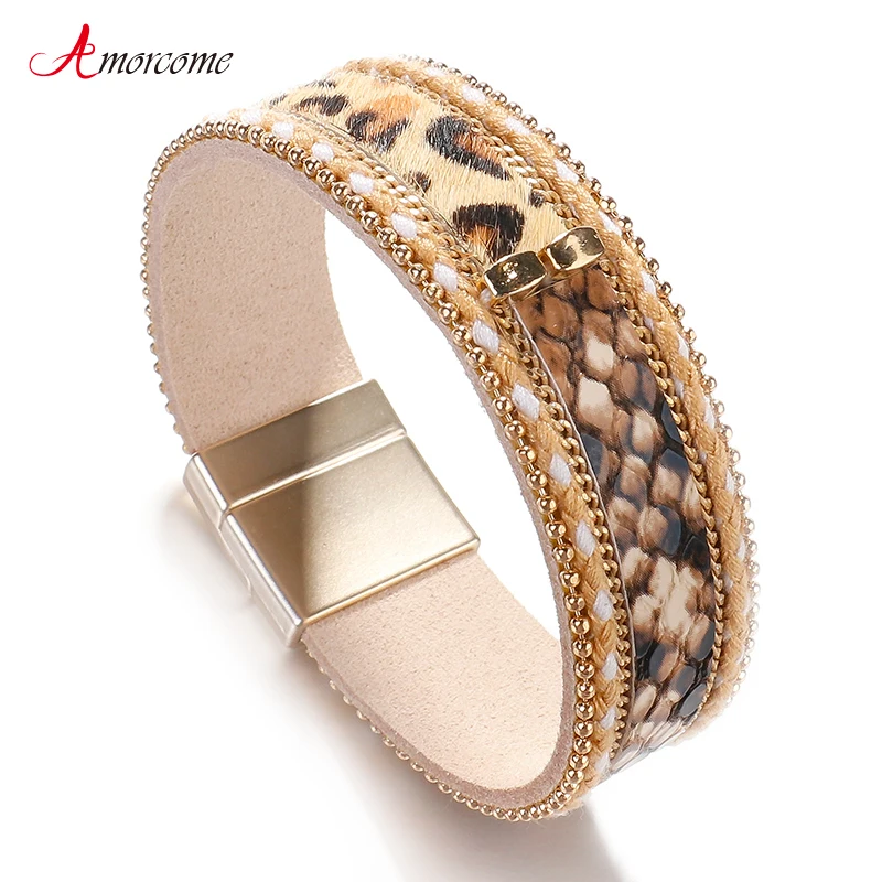 Amorcome змеиной и леопардовой кожи браслеты для женщин винтажные женские кожаные браслеты женские ювелирные изделия