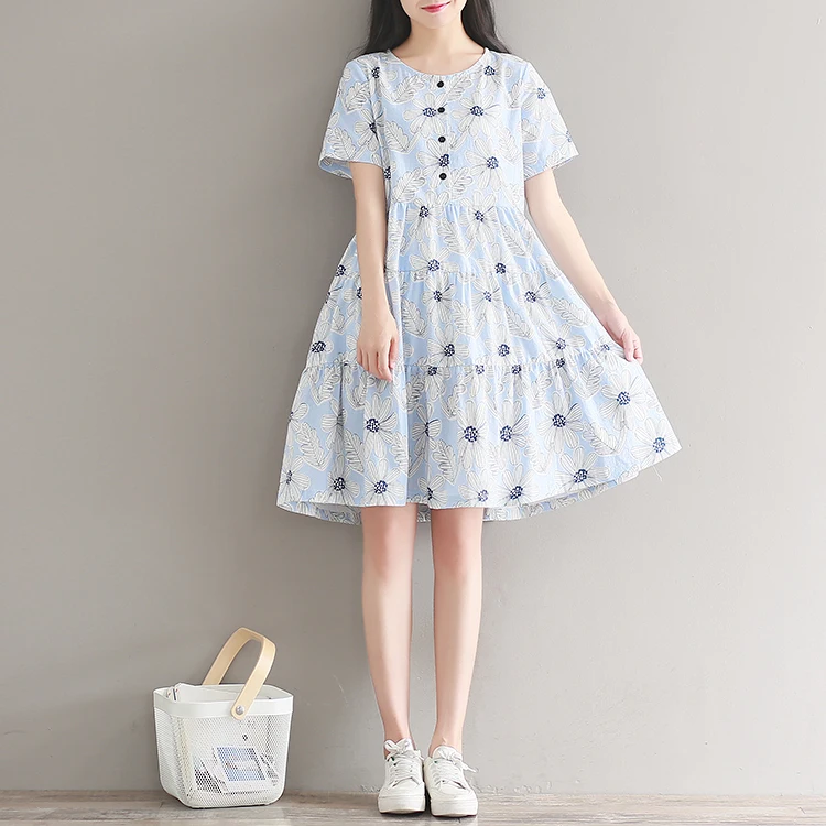 Ori/летнее женское синее платье с оборками, хлопковое, льняное, свободное, Vestidos Femininos, с коротким рукавом, с цветочным принтом, Многоярусное платье, AE723
