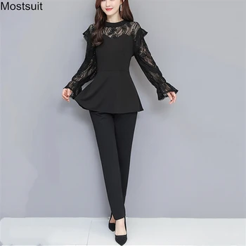 

Spring Fashion Elegant OL Outfits Women Two Piece Sets Plus Size Long Sleeve Lace Patchwork Tunic Tops And Pants Set Suit Korean