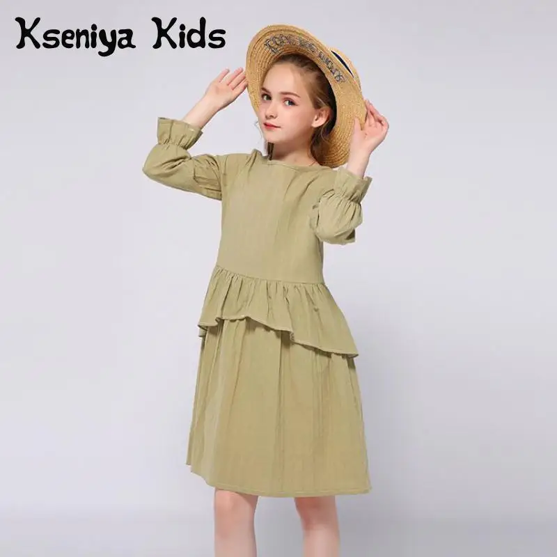 

Kseniya Kids Spring Autumn Army Green Girls Dresses Long Sleeve Ruffle For 2 to 9 Years