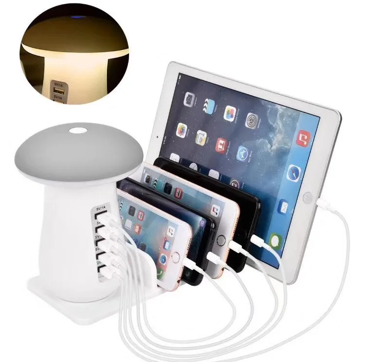 US $20.75 Multi 5 Port 50W USB Charger Station Hub Mushroom LED Lamp Charge Dock QC30 Fast Charging For Mobile Phone Tablet Power Adapter