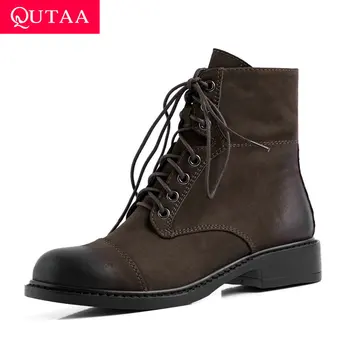 

QUTAA 2020 Cow Leather Square Low Heel Comfort Ankle Boots Round Toe Zipper Lace Up Leisure Autumn Winter Women Shoes Size 34-39