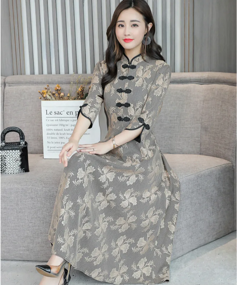 Lace Dress Spring Autumn Women Vintage Stand Collar Three Quarter Sleeve A-line Sexy Party Dresses Vestidos De Fiesta