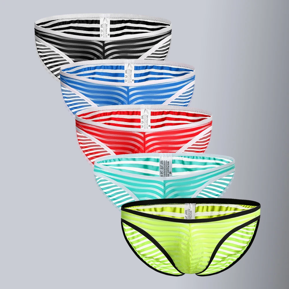 Sexy Briefs Mens Underwear Low-rise Soft Panties Stripe Ultra-thin Breathable Mens Bikini Briefs 3 Pcs Underpants
