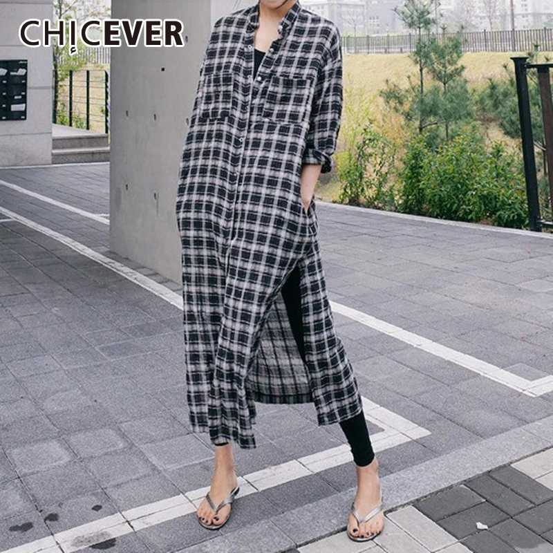 CHICEVER/осенние корейские клетчатые Женские топы и блузки с воротником-стойкой и длинным подолом, свободная рубашка с разрезом, женская модная новинка