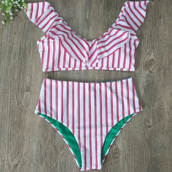 

Vintage Stripe Bikinis Women Ruffle Swimsuit High Waist Bikini Swimwear Bathing Suits Summer Beach Wear Swimming Suit for Women