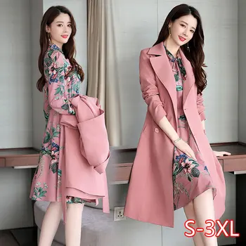 

Elegant mid-length Trench long sleeve two-piece dress windbreaker coat dress suit 2PCs