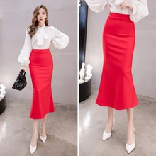 Осенняя Офисная Женская юбка с высокой талией, эстетическая юбка в виде рыбьего хвоста, синяя, красная, необычная, тонкая, облегающая, зимняя, официальная, элегантная юбка