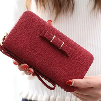 

Cards Holder Wallet Ladies Cute Bowknot Women Long Wallet Pure Color Clutch Bag 2020 New PU Leather Purse Phone Card Holder Bag