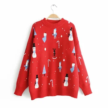 

2019 Autumn Sweater Women Winter Christmas Pattern Printed Knitted Sweaters Female Causal Long Sleeve Round Neck Loose Pullover