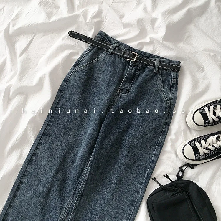 Winter Spring High Waist Jeans Women Straight Fashion Casual Loose Trousers With Belt Female Blue Korean Long Pant Bottoms