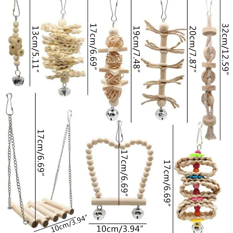 8 Pcs/set Bird Parrot Swing Chew Toys Natural Wood Hanging Bell Birds Cage Toy for Small Parakeets Cockatiels Bird Supplies