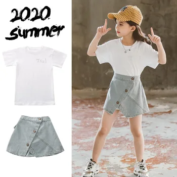 

2020 Summer kids Baby Girls clothes sexy teenager white T shirt + jeans Shorts skirts 3 4 5 6 7 8 9 10 11 12 years