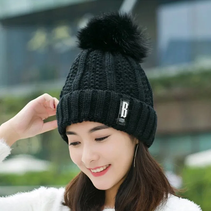 Korean fashion wool hat Knitted hat ladies autumn and winter wild cute hair ball cap thickening ear protection warm hat - Color: black