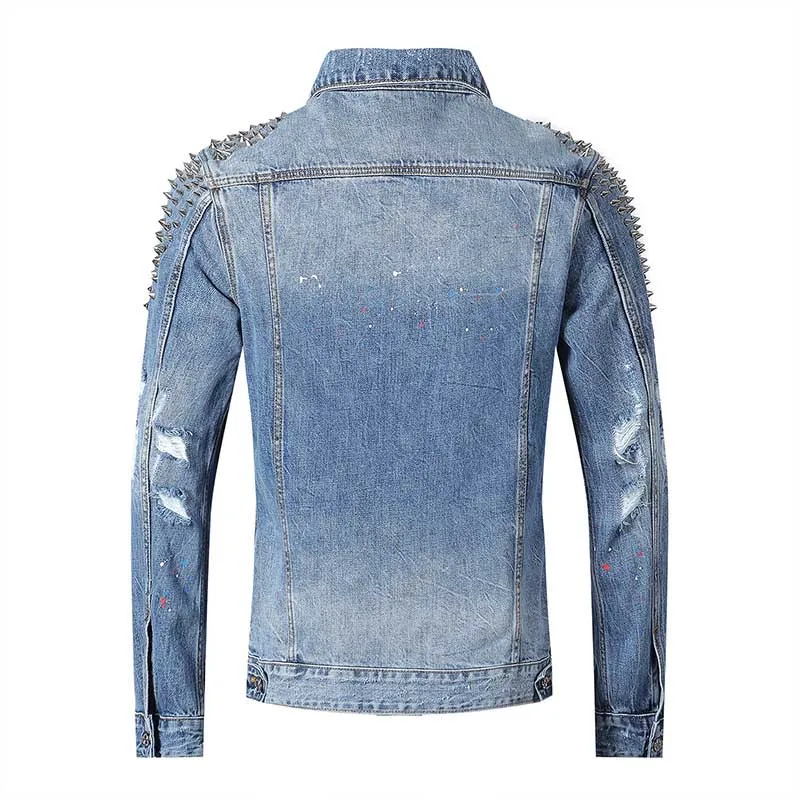 Men Ripped Denim Jackets With Rivet Dot Painted Jeans Jackets Outwear For Man Washed Streetwear  (6)
