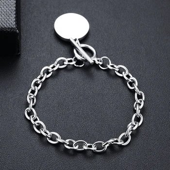 

Customized Laser Engrave Name Date Bracelet Stainless Steel Adjustable Round Tags Bangles For Women ID Tag Memory Gifts