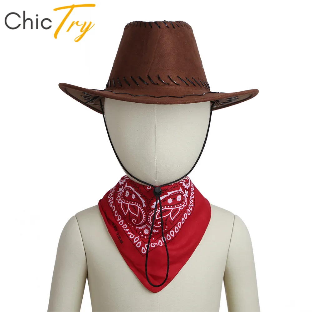 

ChicTry Kids Halloween Roleplay Party Costume Accessories Western Cowboy Felt Drawstring Hat with Bandanna Set for Boys Girls