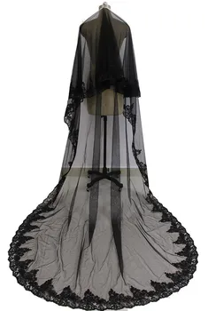 

Black 3 Meters Long Wedding Veil Two Layers Lace Applique Blusher Bridal Veil with Metal Comb